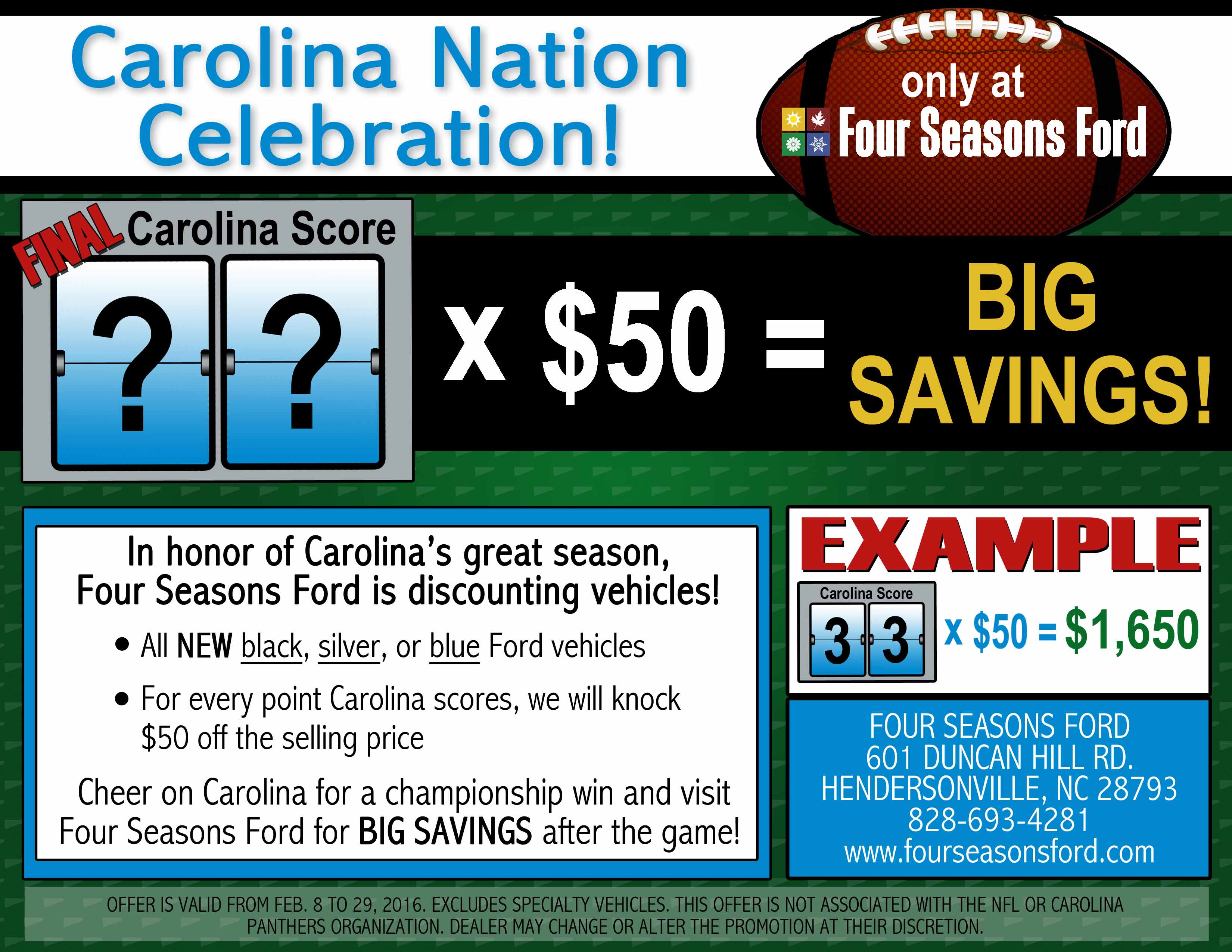 Cheer on the Panthers for Huge Savings at Four Seasons Ford #SuperBowl #KeepPounding