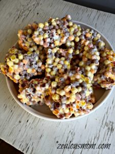 Healthy, Simple Trix Crispies. An easy and festive recipe that's a hit with children and adults. Enjoy! #trixcrispies #ricecrispytreats #recipes #partyfood 